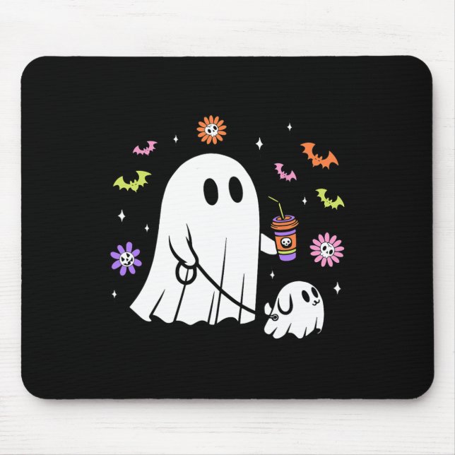 Funny Ghost Walking Dog Spooky Ghost Kaffee Hallow Mousepad (Vorne)