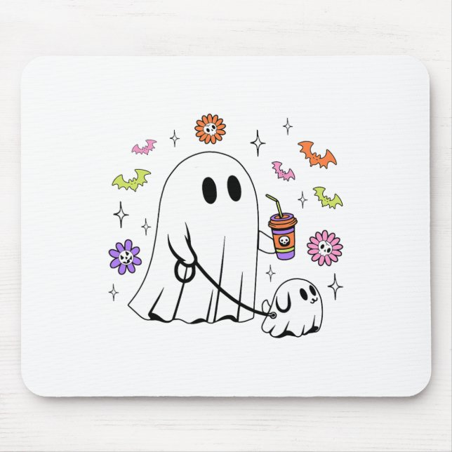 Funny Ghost Walking Dog Spooky Ghost Kaffee Hallow Mousepad (Vorne)