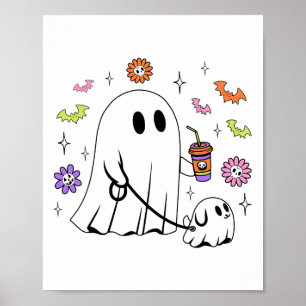 Funny Ghost Walking Dog Spooky Ghost Kaffee Hallow Poster