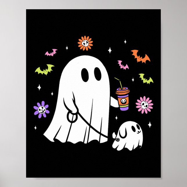 Funny Ghost Walking Dog Spooky Ghost Kaffee Hallow Poster (Vorne)