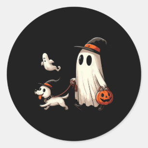 Funny Ghost Walking Dog Spooky Season Halloween Co Runder Aufkleber