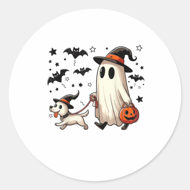 Funny Ghost Walking Dog Spooky Season Halloween Co Runder Aufkleber (Vorderseite)