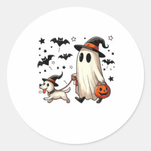 Funny Ghost Walking Dog Spooky Season Halloween Co Runder Aufkleber