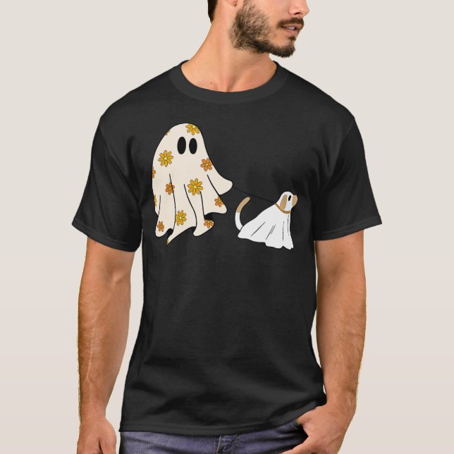 Funny Ghost Walking Dog Spooky Season Halloween Fl T-Shirt (Vorderseite)