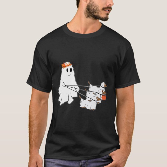 Funny Ghost Walking mit drei Hunde Halloween Fall T-Shirt (Vorderseite)