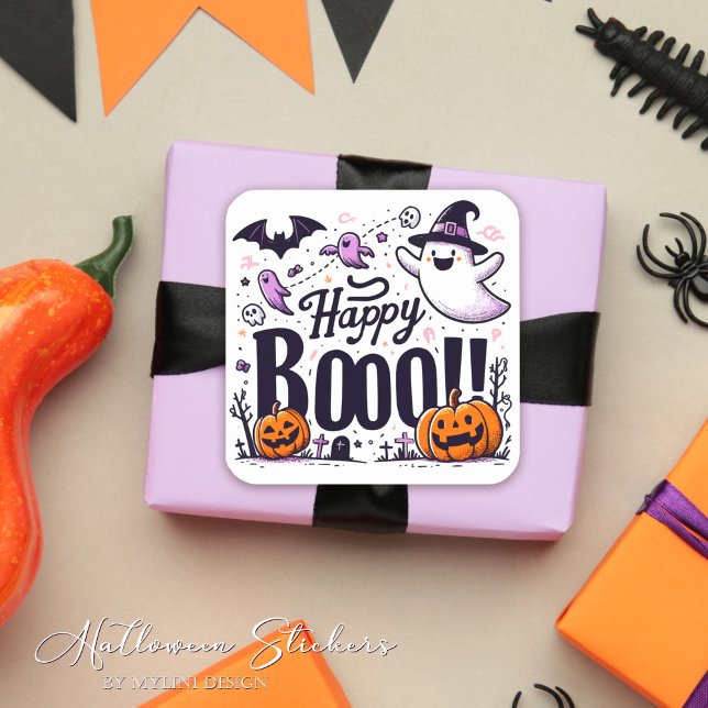 Funny Ghosts and Pumpkins Happy Boo Kids Halloween Quadratischer Aufkleber (Von Creator hochgeladen)
