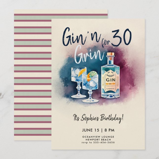 Funny Gin n Grin Party Stripe Modern 30. Geburtsta Einladung (Vorne/Hinten)