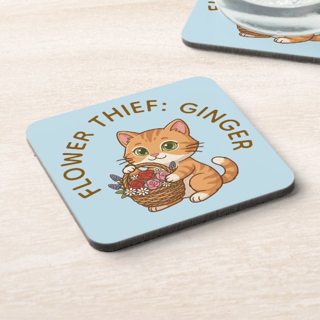 Funny Ginger Cat Flower Thief | Plastic Coaster Getränkeuntersetzer (Linke Seite)