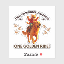 Funny Ginger Cat Riding Golden Retriever_realistis Aufkleber