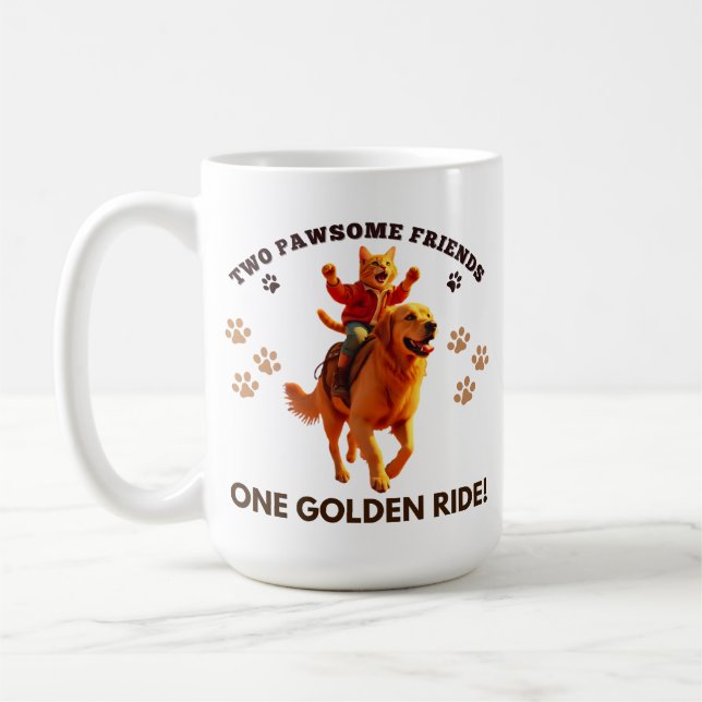 Funny Ginger Cat Riding Golden Retriever_realistis Kaffeetasse (Links)