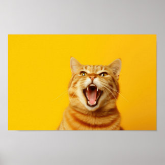 Funny Ginger Cat Yawning on Bright Yellow Backgrou Poster