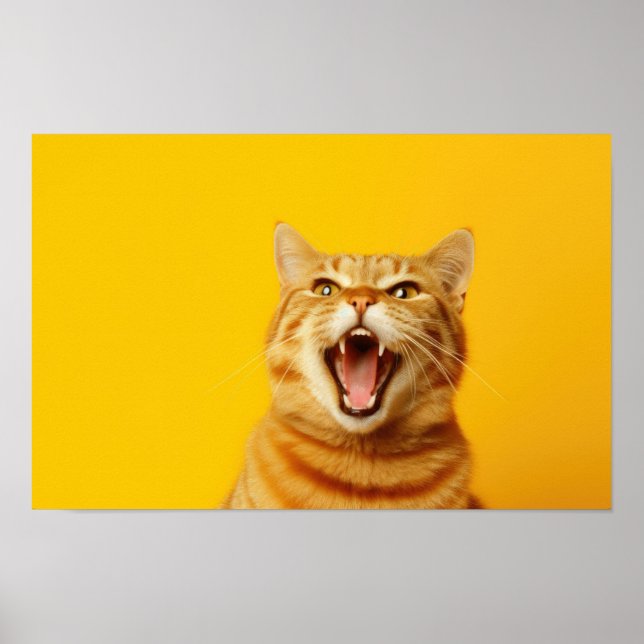 Funny Ginger Cat Yawning on Bright Yellow Backgrou Poster (Vorne)