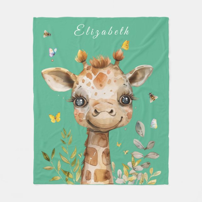 Funny Giraffe Big Eyes Butterflies Bienen Fleecedecke (Vorderseite)