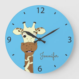 Funny giraffe cartoon blue kids name wall clock große wanduhr
