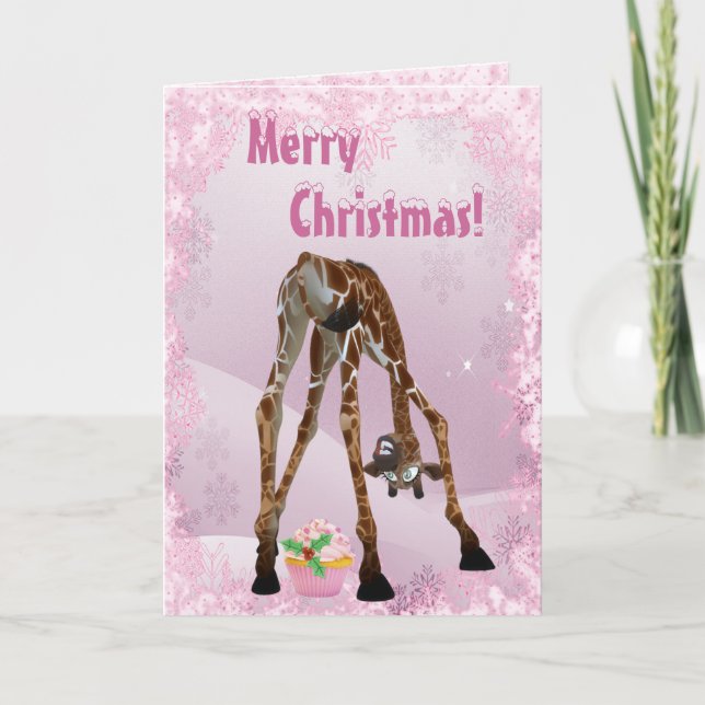 Funny Giraffe & Pink Cupcake Weihnachtskarte Feiertagskarte (Vorderseite)