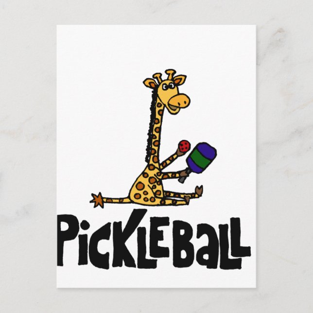Funny Giraffe Playing Pickleball Cartoon Postkarte (Vorderseite)