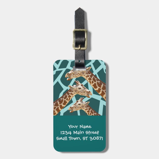 Funny Giraffe Print Aquamarin Blue Wild Animal Pat Gepäckanhänger (Vorderseite vertikal)