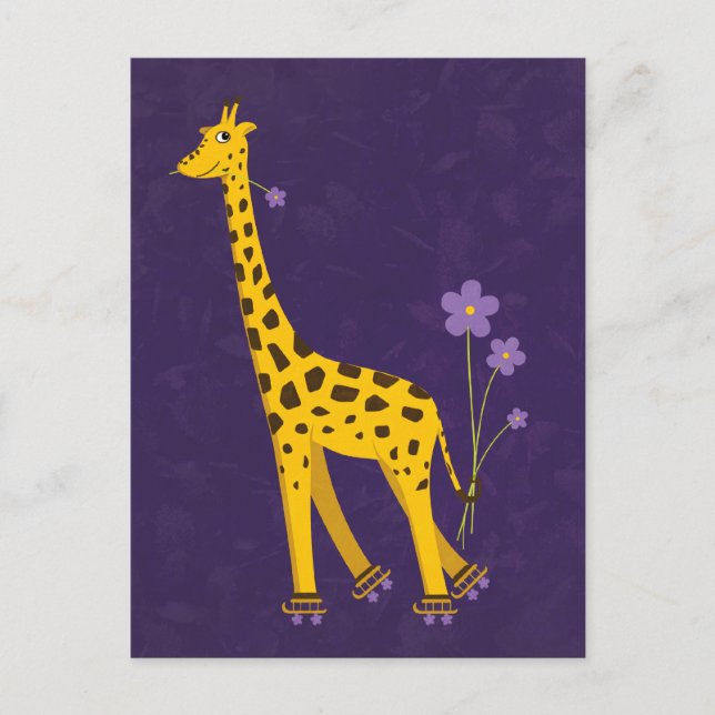 Funny Giraffe Roller Skaten Lila Postkarte (Vorderseite)