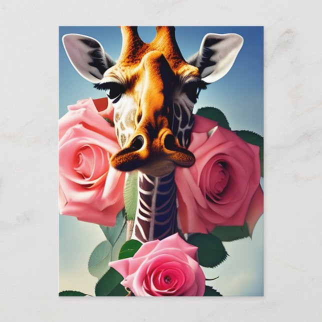 Funny Giraffe und Rose Digitale Kunst Postkarte (Vorderseite)