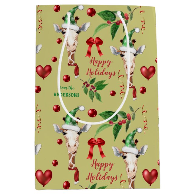 Funny Giraffe Weihnachtsmannmütze Holly Christmas Mittlere Geschenktüte (Vorderseite)