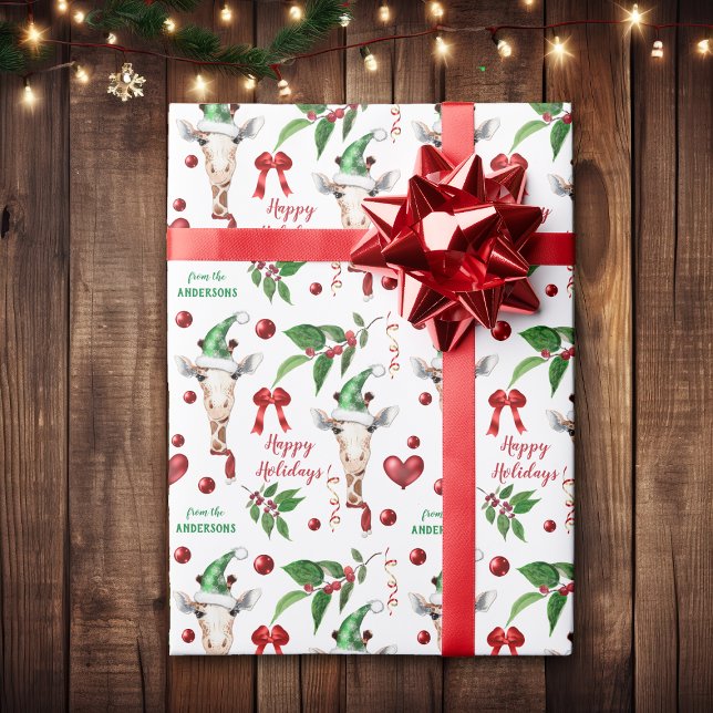 Funny Giraffe Weihnachtsmannmütze Holly Heart Geschenkpapier (Von Creator hochgeladen)