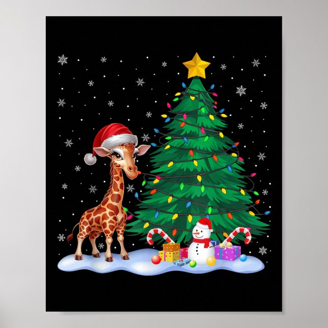 Funny Giraffe Xmas Tree Lights Reindeer Hat Christ Poster (Vorne)