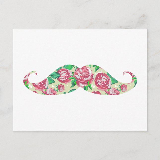 Funny Girl Pink Green White Floral Mustache Postkarte (Vorderseite)