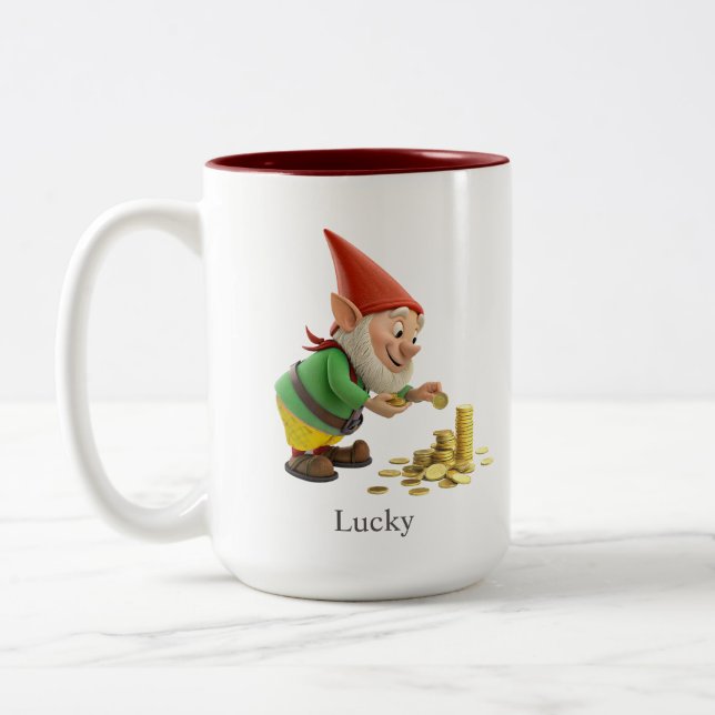 Funny Gnome, Gold Coins, Calligraphy & Monogram Zweifarbige Tasse (Links)
