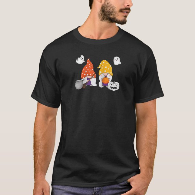 Funny Gnome Halloween With Pumpkin Ghost Leopard D T-Shirt (Vorderseite)