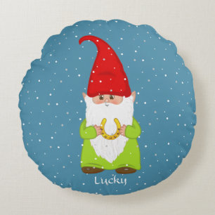 Funny Gnome & Horseshoe auf Sapphire Blue Rundes Kissen