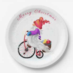 Funny Gnome mit Bike und Geschenke Weihnachtsspass Pappteller