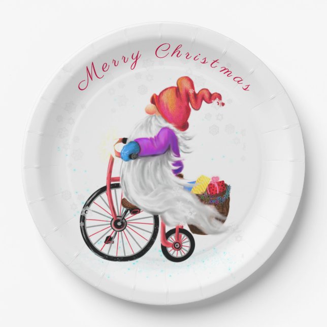 Funny Gnome mit Bike und Geschenke Weihnachtsspass Pappteller (Vorderseite)