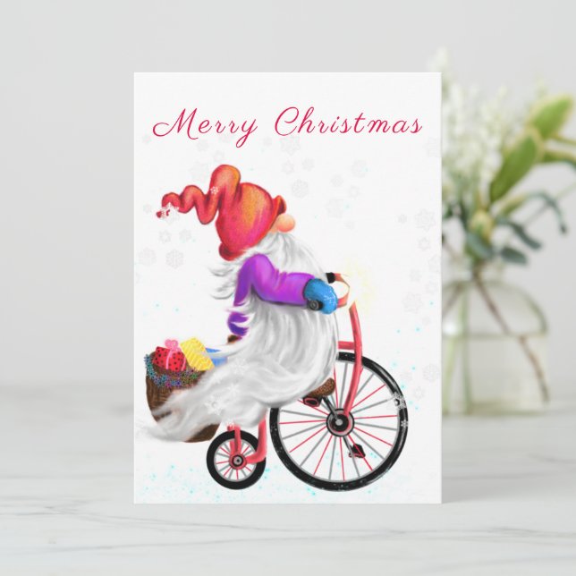 Funny Gnome mit Bike und Geschenken - Frohe Weihna (Stehend Vorderseite)
