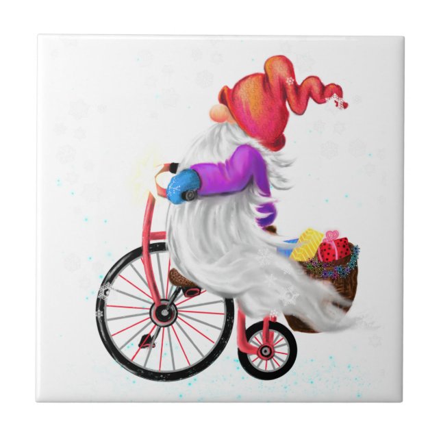 Funny Gnome mit Bike und Geschenken - Frohe Weihna Fliese (Vorderseite)