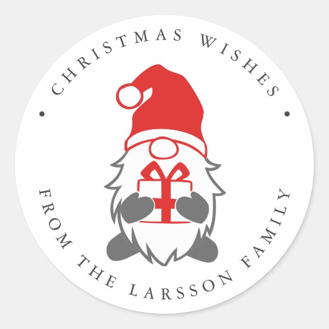 Funny Gnome mit Gegenwart und Weihnachtsmannmütze Runder Aufkleber (Vorderseite)