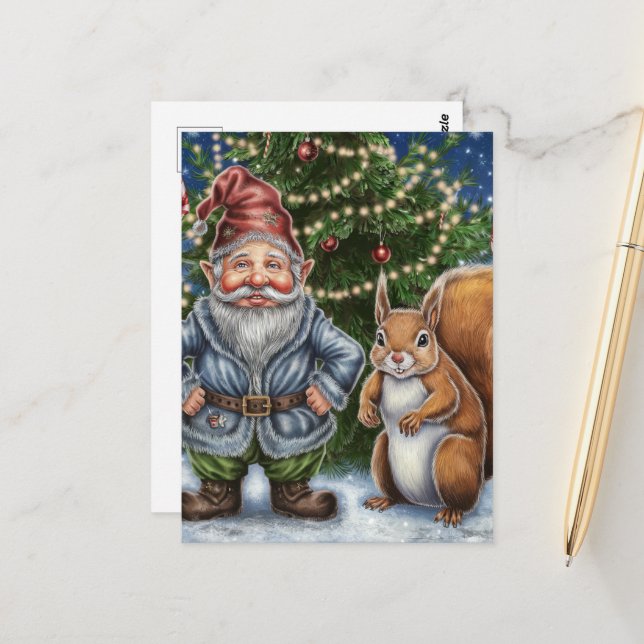 Funny Gnome und Eichhörnchen Weihnachten Postkarte (Vorderseite/Rückseite Beispiel)