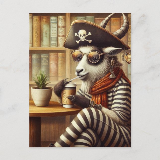 Funny Goat Piraten trinken Kaffee Postkarte (Vorderseite)