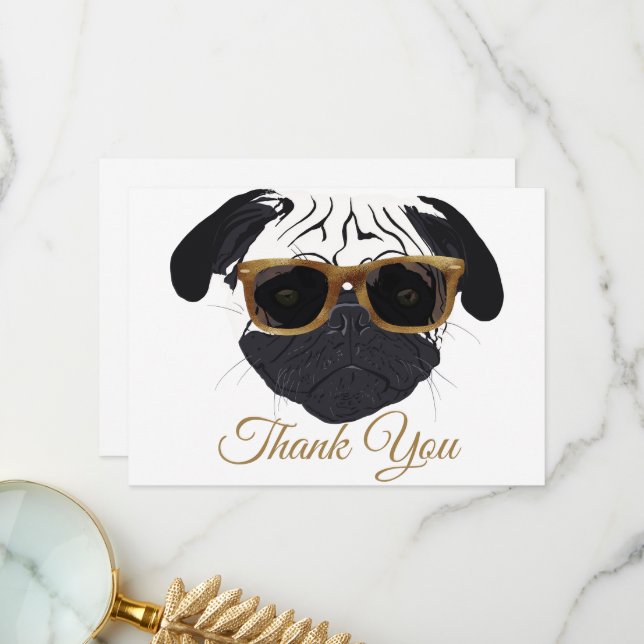 Funny Golden Glasses Mops Hunde Illustration Dankeskarte (Vorderseite/Rückseite Beispiel)