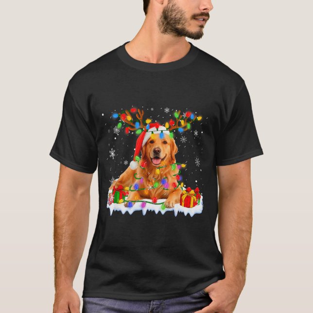 Funny Golden Retriever Christmas Santa Hat Reindee T-Shirt (Vorderseite)