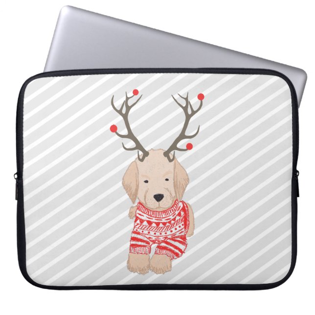 Funny Golden Retriever Puppy Rentier Antlers Laptopschutzhülle (Vorderseite)