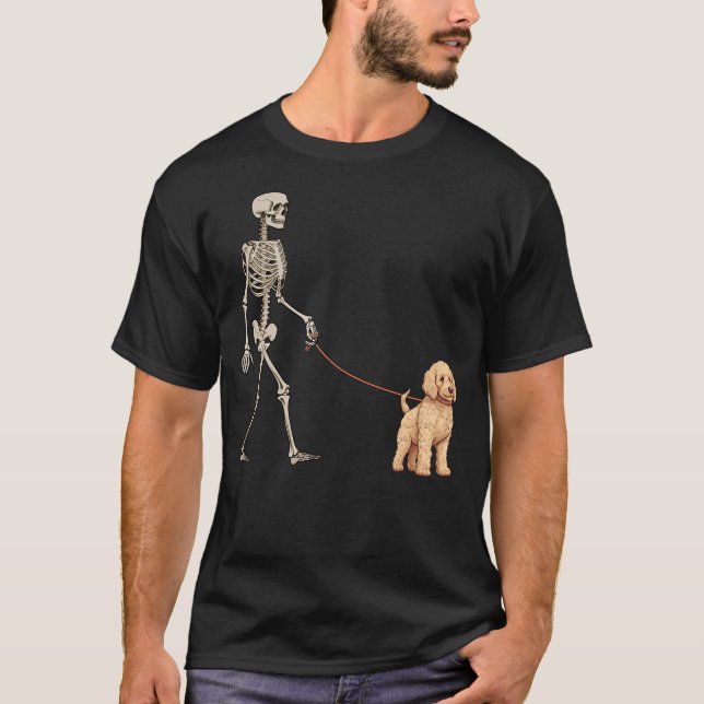 Funny Goldendoodle Skeleton Dog Walking Halloween  T-Shirt (Vorderseite)