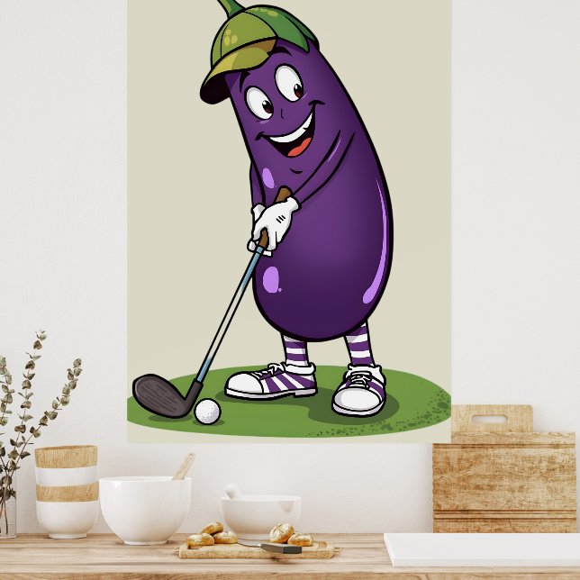 Funny Golf Eggplant Character: Cartoon Golfer Vege Poster (Küche)