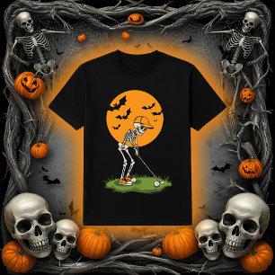 Funny Golf Skeleton Halloween Full Moon Bats T-Shirt