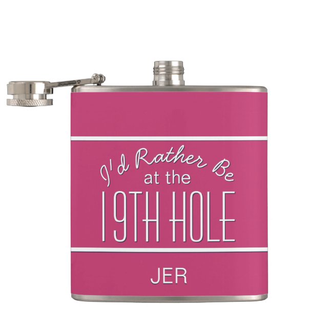 Funny Golfer 19. Loch Mit Monogramm Pink Girly Flachmann (Geöffnet)