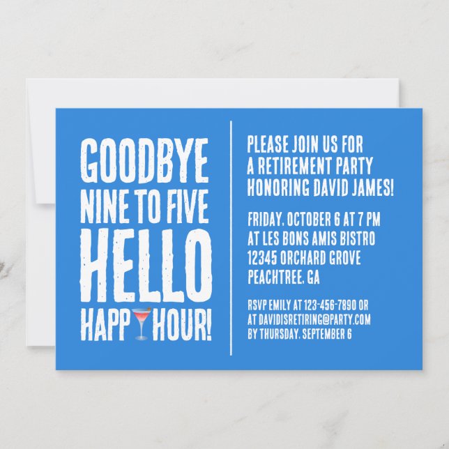 Funny Goodbye 9 to 5 Hallo Happy Hour Pensionierun Einladung (Vorderseite)