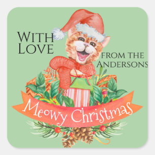 Funny Goofy Cat Colorful Meowy Christmas Pub Squar Quadratischer Aufkleber