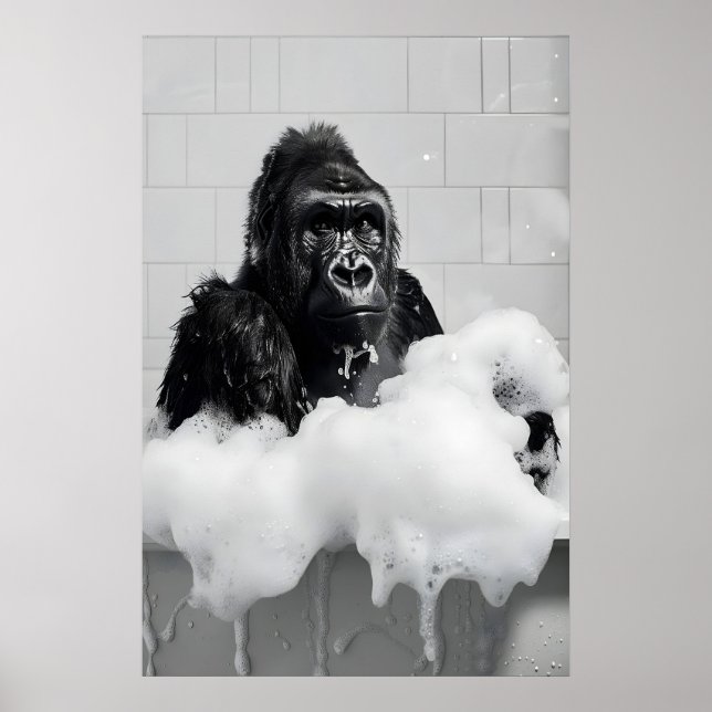 Funny Gorilla Bubble Bath Print, Bathroom Animal Poster (Vorne)