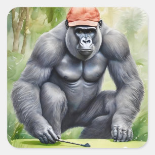 Funny Gorilla Club Golf spielen Quadratischer Aufkleber