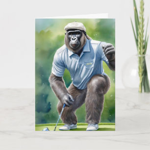 Funny Gorilla in Tan Hat Blue Shirt Golf spielen Karte
