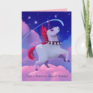 Funny Goth Punk Cartoon Unicorn auf Wolken Karte